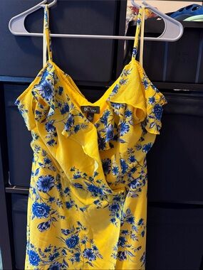 BCX Yellow and Blue Floral Ruffle Wrap Dress